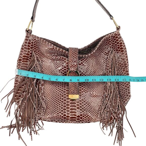 GILI NEW Brown Genuine Leather Textured Croc Reptile Fringe Shoulder Bag Purse - Picture 10 of 13